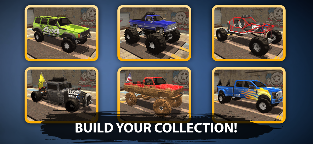 Uma galeria de seis veículos off-road customizados diferentes, incluindo monster trucks e rock crawlers
