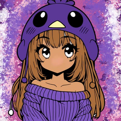 anime girl with chick shaped hat with sweater with bare shoulders with bangs covering them one eye with low tail