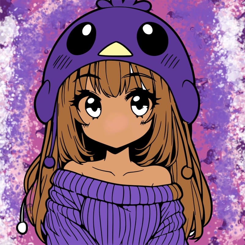 anime girl with chick shaped hat with sweater with bare shoulders with bangs covering them one eye with low tail