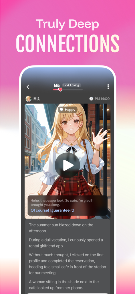 Hey.D : AI Chat, Novel, RPG - An interactive chat screen from the Hey.D app featuring a blonde anime character and romantic story text