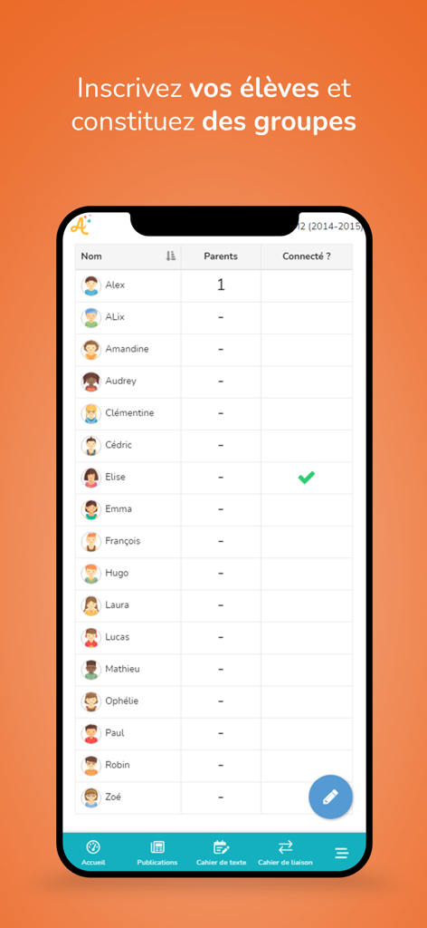 Interface mobile de l'application TouteMonAnnée montrant une liste d'élèves avec l'état de connexion des parents pour l'organisation de la classe