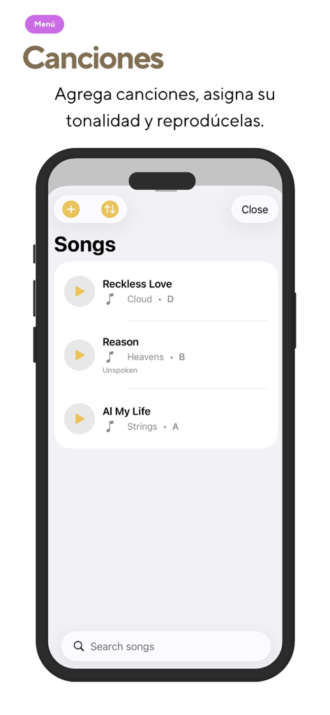 Padline - Screenshot of the Padline app songs menu displaying a list of worship tracks with their assigned keys and ambient pad sounds.
