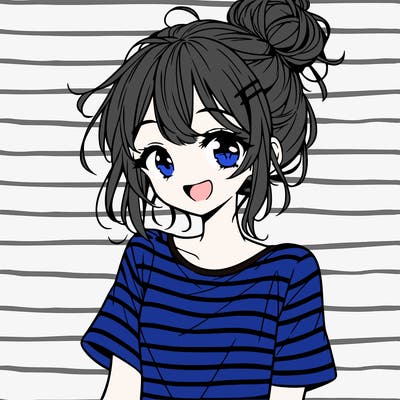anime girl teenager striped shirt and smile and messy bun