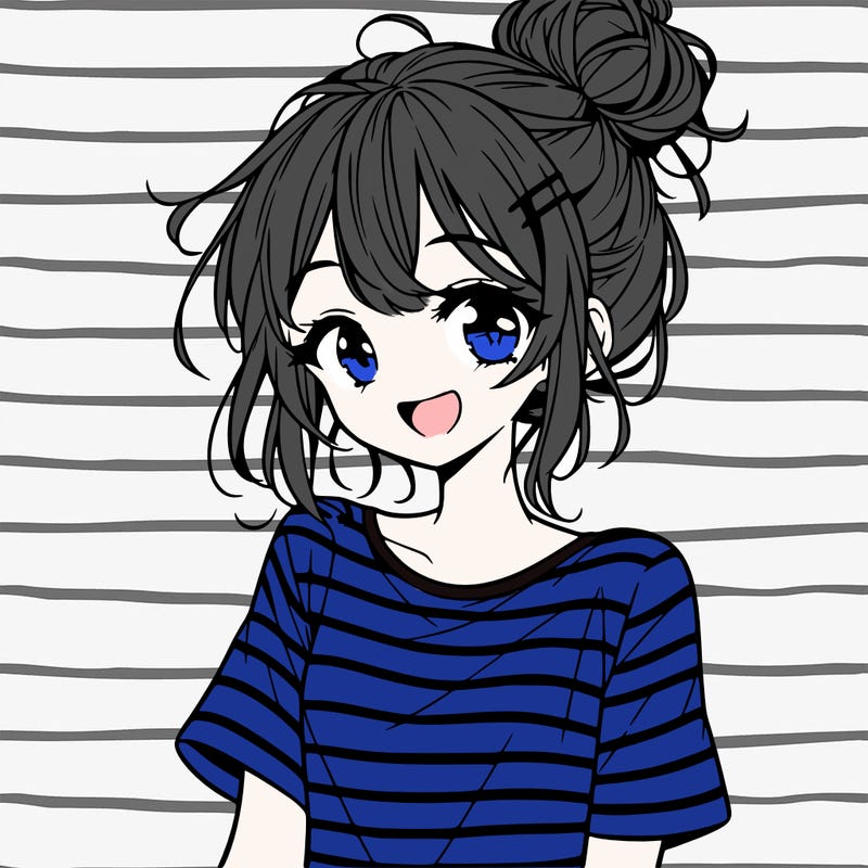 anime girl teenager striped shirt and smile and messy bun