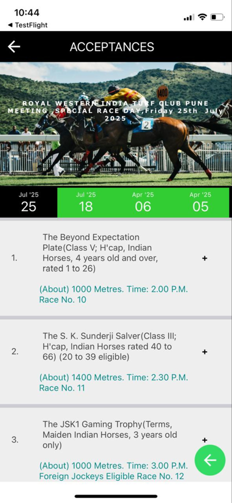 RWITC Official app screen showing horse race acceptances and schedules