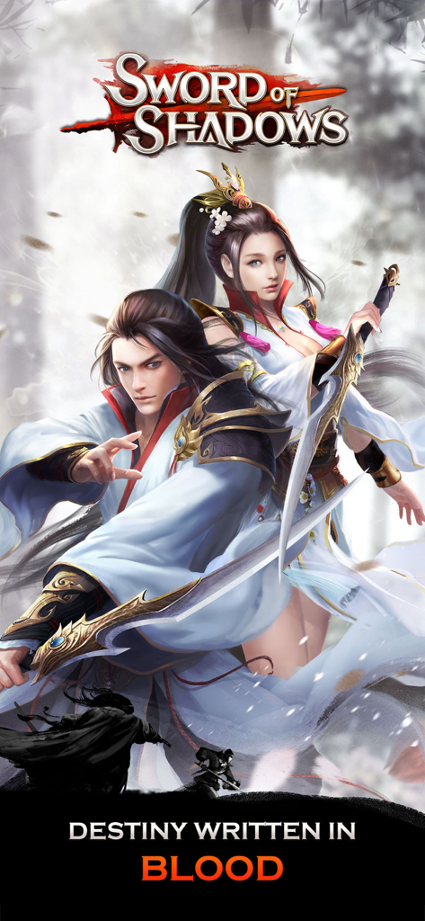 Sword of Shadows - Promotional artwork for Sword of Shadows featuring a male and female warrior holding swords with the tagline Destiny Written in Blood