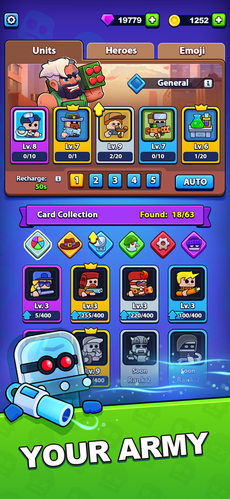 Survival Arena: Tower Defense - Pantalla de gestión de colección de unidades y mazo del ejército de Survival Arena Tower Defense