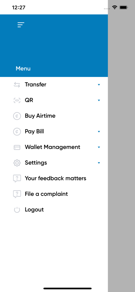 GhanaPay Customer - Navigation menu of GhanaPay Customer app showing options for money transfer QR payments airtime and bill pay