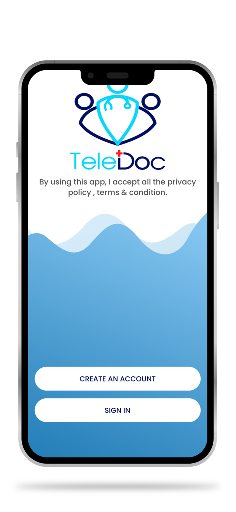 TeleDoc App - TeleDoc app welcome screen with options to create an account or sign in