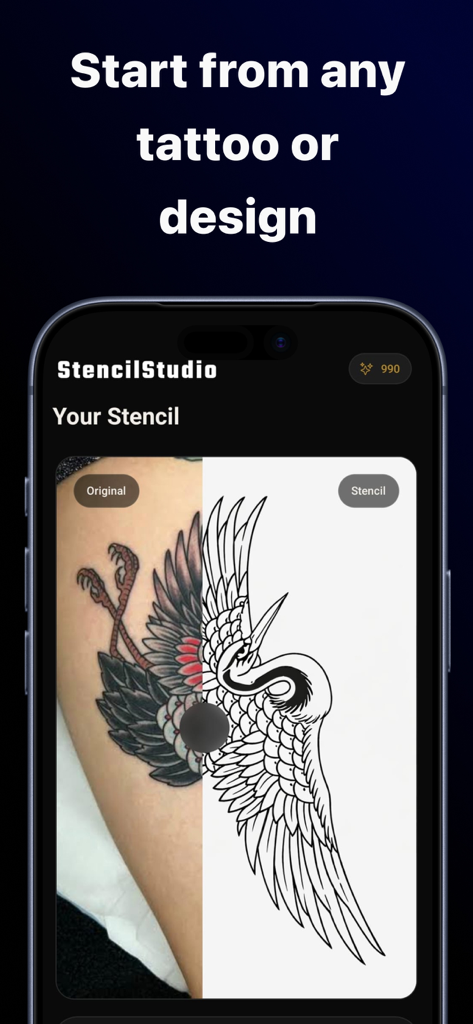 StencilStudio - Tattoo Stencil - StencilStudio app interface showing original tattoo photo compared with clean linework stencil
