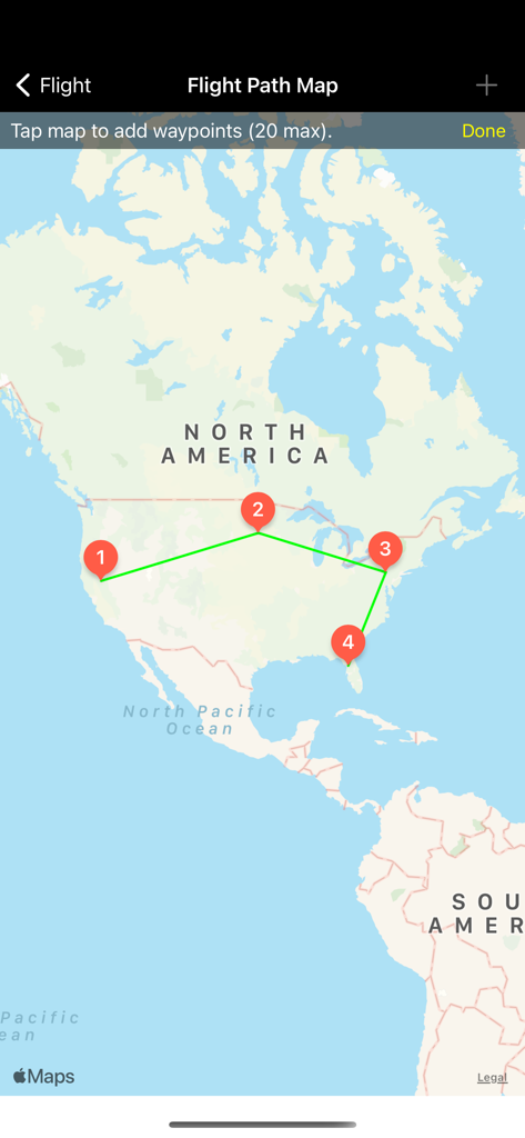 ARMAS - ARMASアプリのフライトパスマップインターフェース。北米を横断する番号付きウェイポイントを表示。