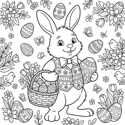 Get ready for a joyful Easter celebration with this charming coloring page! Featuring a friendly Easter Bunny amidst spring blossoms and eggs, it's perfect for kids to enjoy creative fun.