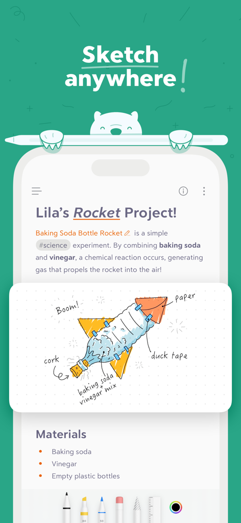 Bear - Markdown Notes - Bear app interface showing a science project note with a hand-drawn rocket illustration