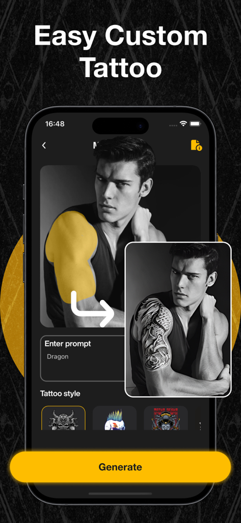 Aplicación de diseño de tatuajes IA mostrando un diseño de tatuaje de dragón generado en el hombro de un hombre usando una indicación de texto