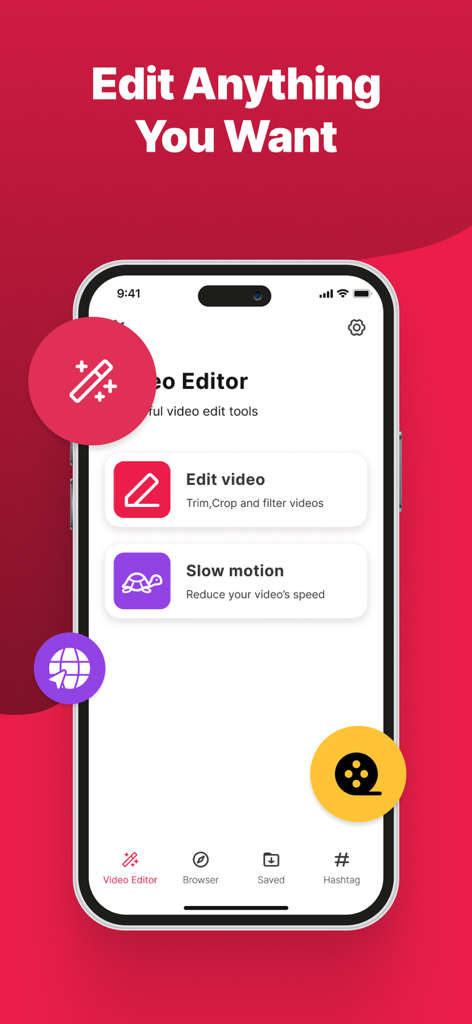 ClipCatch: Save & Edit Video - Interface of the ClipCatch video editor showing options to trim crop filter and add slow motion effects to videos