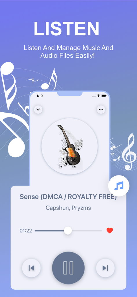 Integrated music and audio player feature in the File Manager app showing track details and playback controls.