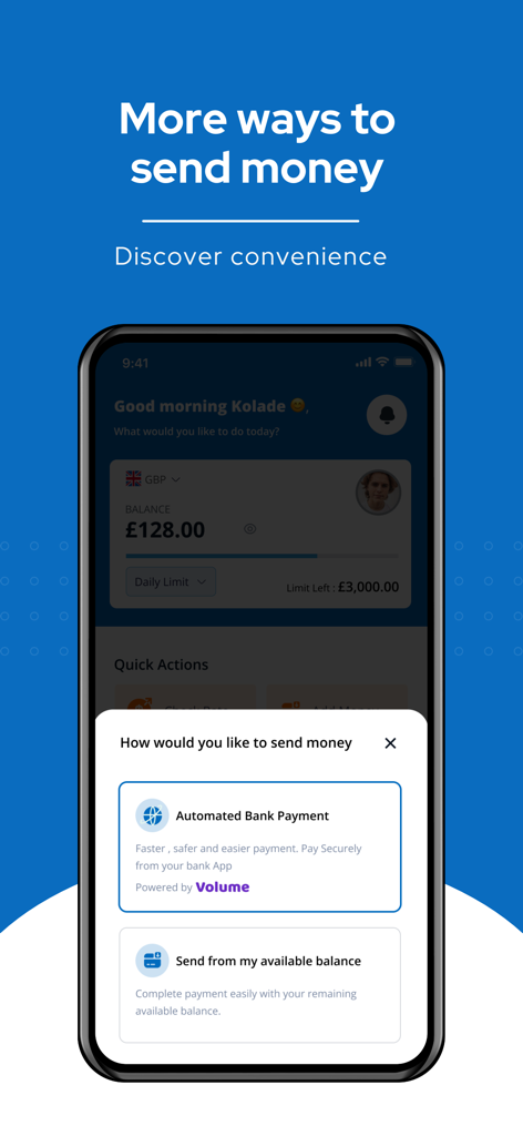 VeloRemit - VeloRemit mobile app interface showing options to send money via automated bank payment or available balance