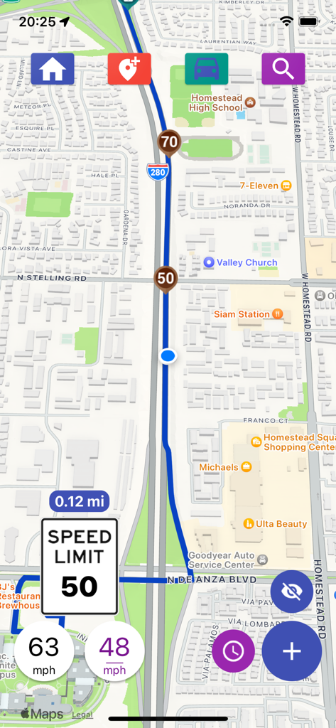 Speed Cameras Radar app showing a map with speed limit alerts and current speed tracking.