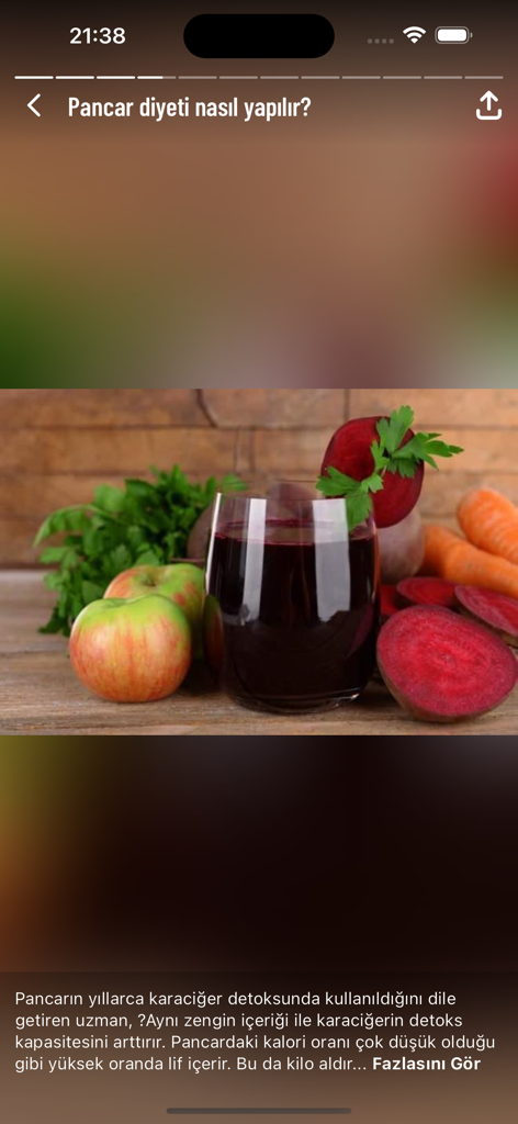 Article sur le régime alimentaire à base de betteraves sur l'application Memurlar.net montrant du jus de betterave et des légumes frais