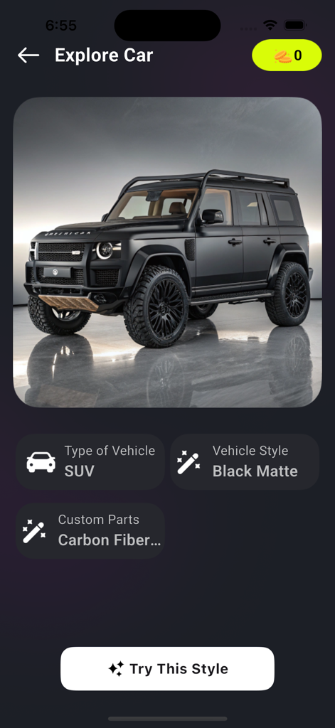 AI Car Designer app interface showing a customized black matte SUV with options to try the style