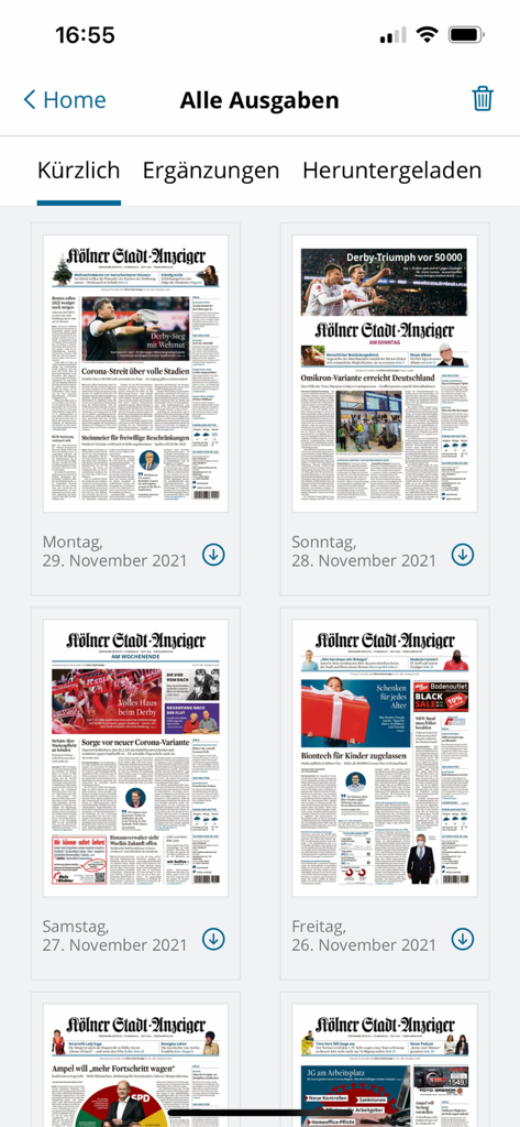 A digital archive of Kölner Stadt-Anzeiger newspaper editions displayed in a grid on a mobile device