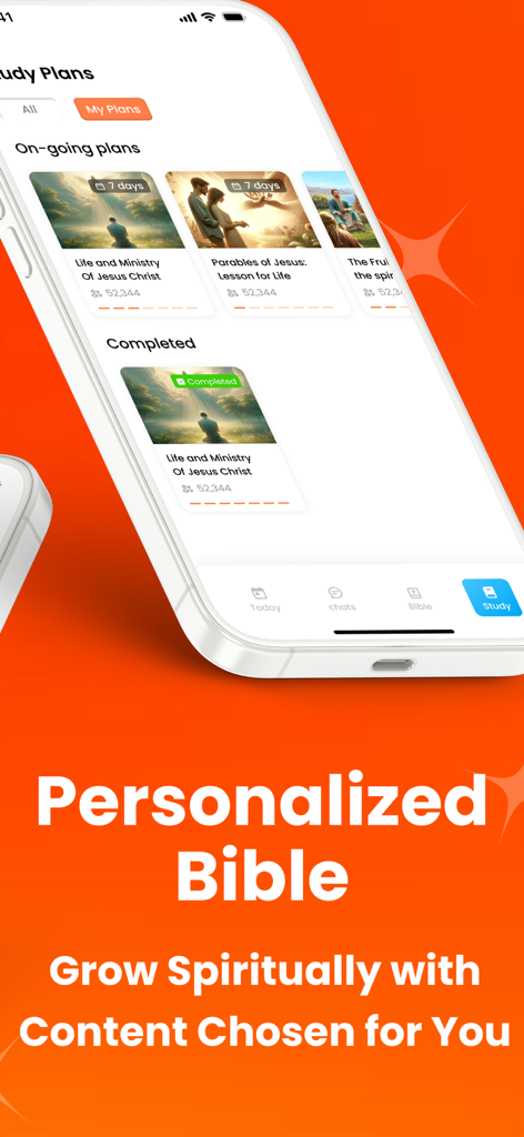 Bible Chat AI - Daily Verses - A mobile app interface showing personalized Bible study plans and a heading that says Personalized Bible.