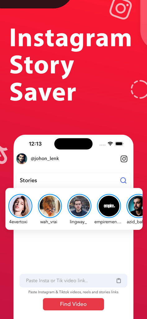 Story Saver : Save & Repost - Interfaz de la aplicación Story Saver con un campo de entrada para pegar enlaces de video y una fila de historias de Instagram para guardar