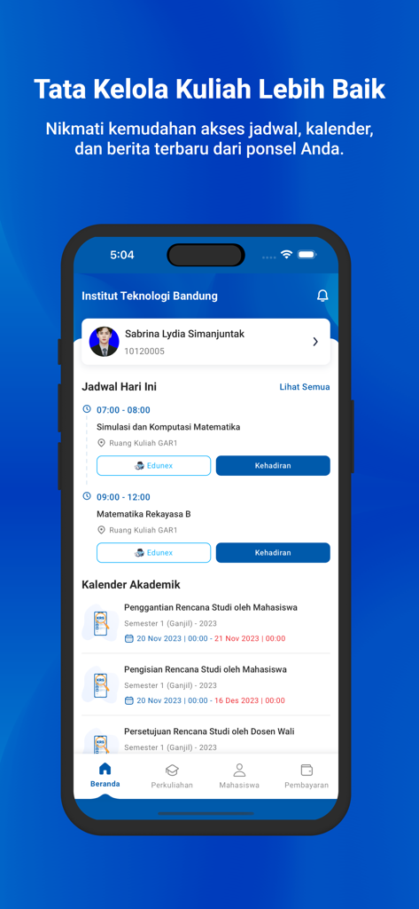 MySIX ITB - MySIX ITB mobile app dashboard showing student schedule and academic calendar