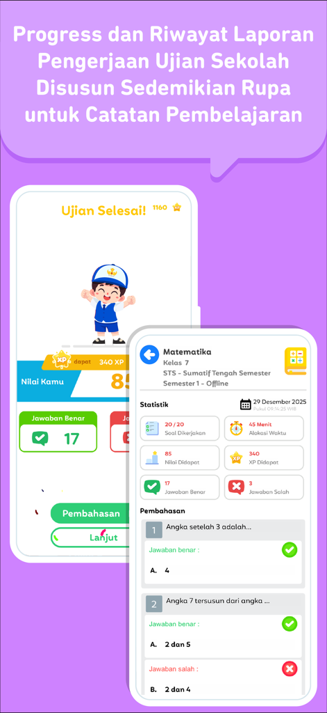 Soal Ujian SMP + TKA - An interface displaying student exam progress and result statistics in Indonesian.