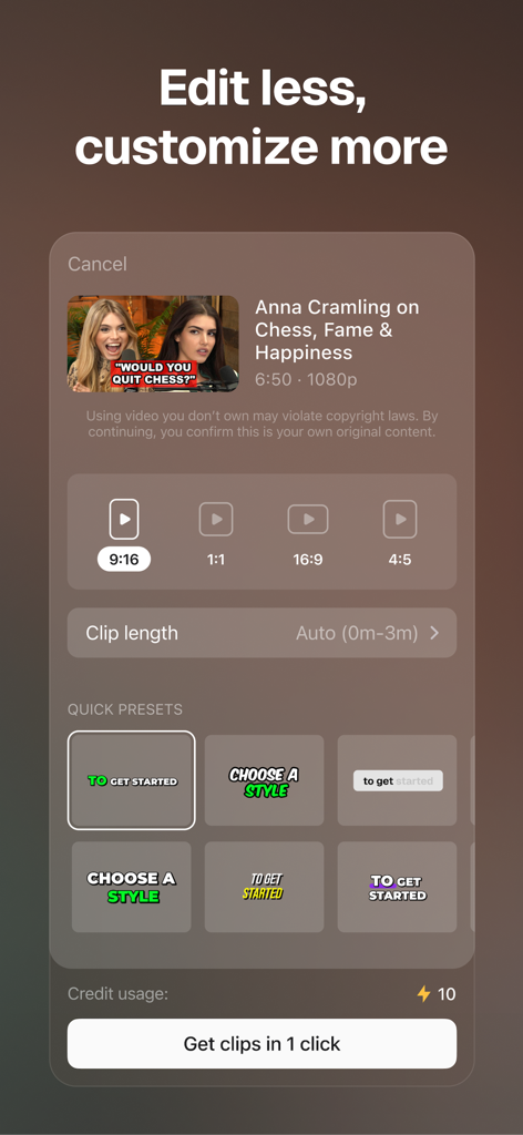 OpusClip - AI video clipping - OpusClip app interface showing aspect ratio options and text style presets for AI video clipping