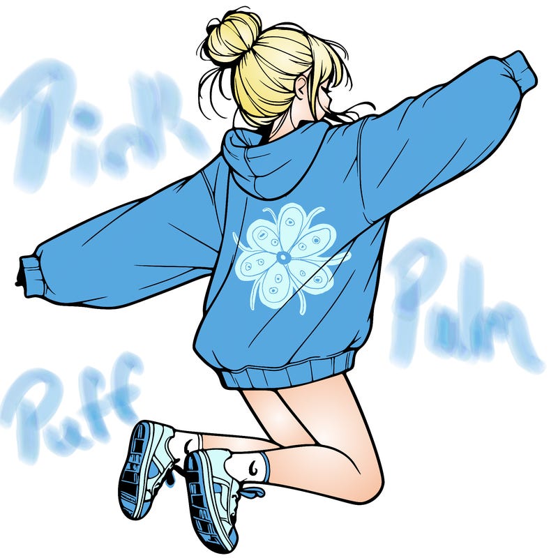 realistic girl jumping with a bun and oversized sweatshirt