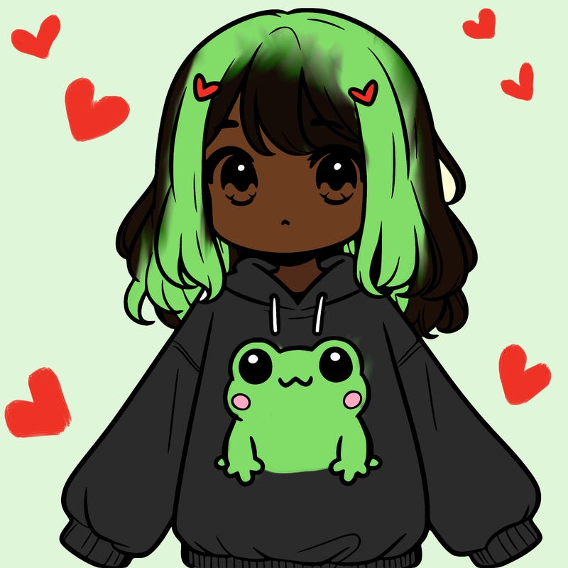 girl wearing frogging sweatshirt