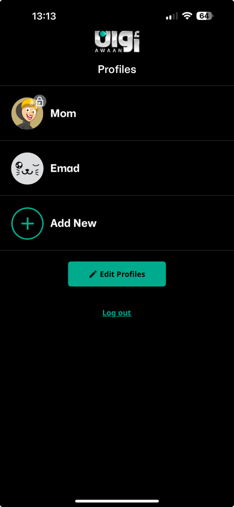 A screen in the Awaan app showing user profile selection and management options