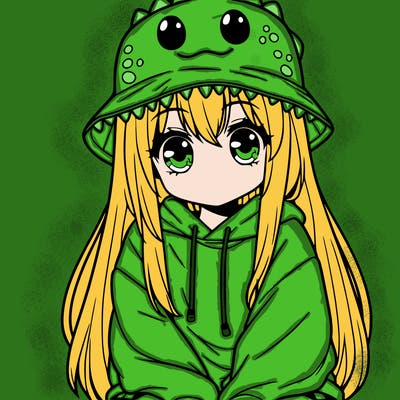 girl with anime shaped eyes with a dinosaur bucket hat oversized sweatshirt long straight hair