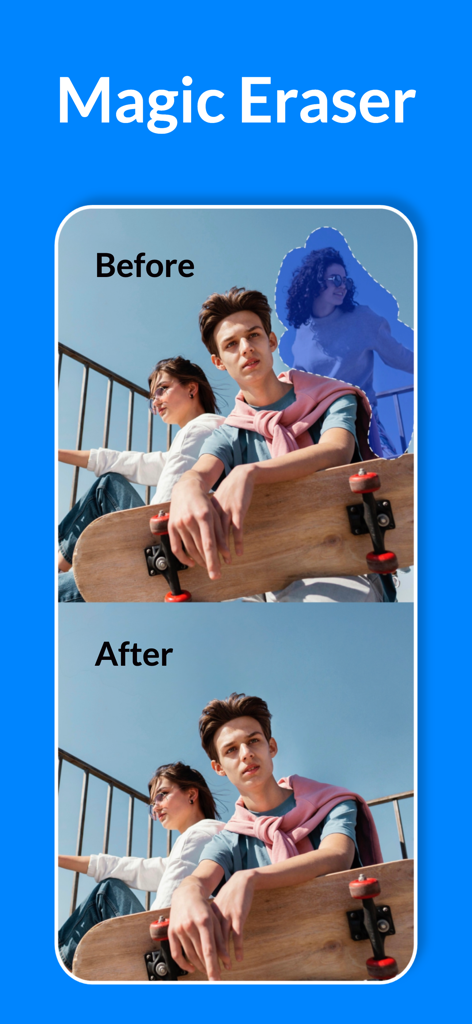 Cleansmith: Photo Cleaner - Comparação antes e depois do recurso Magic Eraser do aplicativo Cleansmith removendo uma pessoa de uma foto.