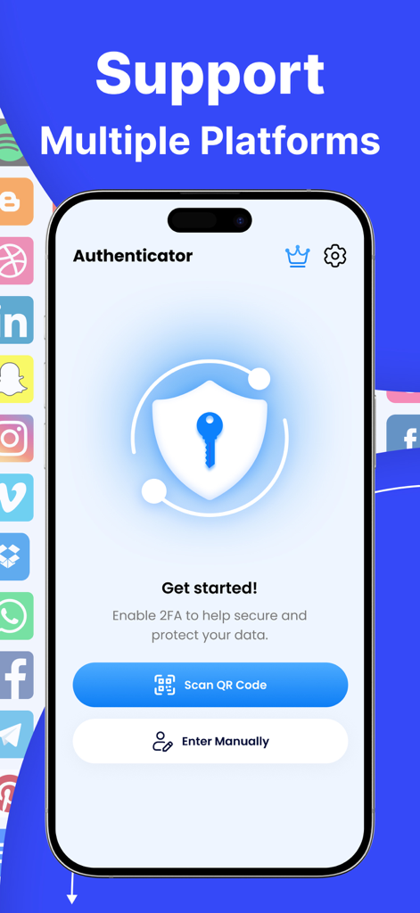 Einrichtungsbildschirm der Authenticator App 2FA Secure auf einem iPhone mit Schaltflächen zum Scannen eines QR-Codes oder zur manuellen Eingabe für die Zwei-Faktor-Authentifizierung.
