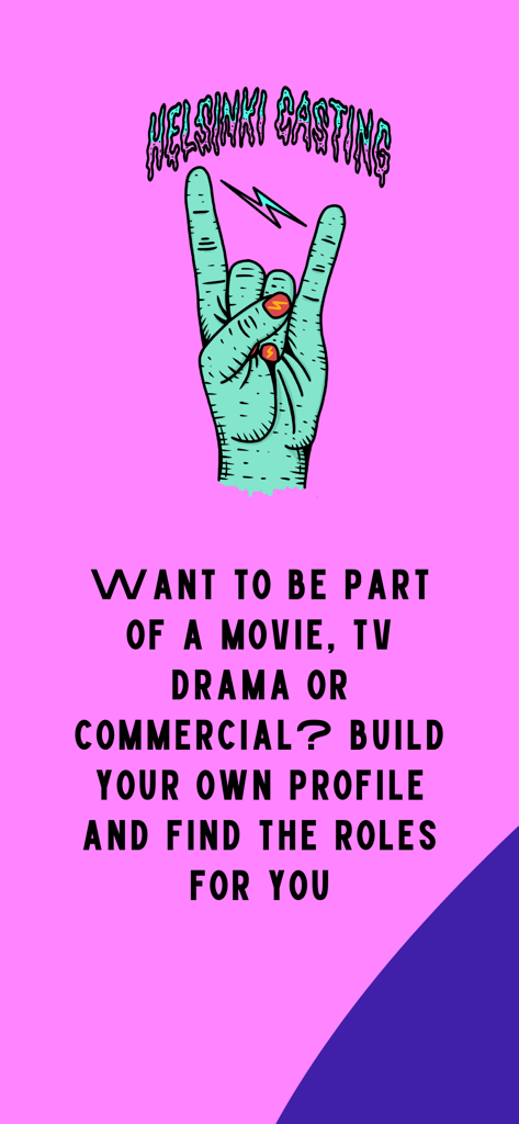 Faces by Helsinki Casting - Introductory screen for the Faces by Helsinki Casting app with a rock hand graphic and text inviting users to find roles in movies and TV.