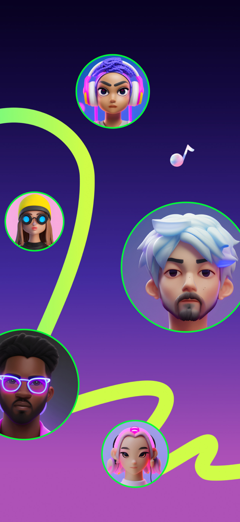 3D character avatars representing diverse voice styles and music enthusiasts on a vibrant purple background