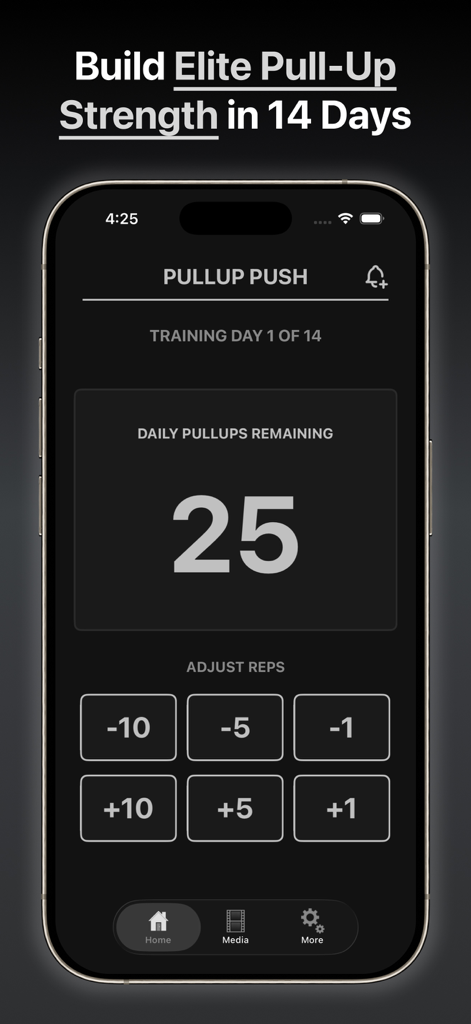 Stew Smith's Pull-Up Push - Stew Smith Pull-Up Push mobile app interface showing training day one of a fourteen day program with a counter for daily reps remaining