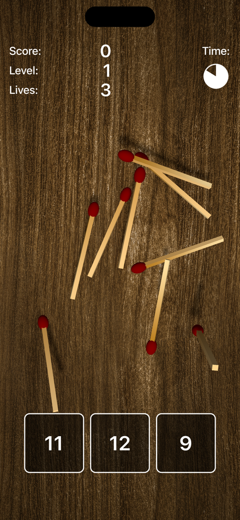 Rainman - The Game - Gameplay screen of Rainman showing matches scattered on a wooden surface with numerical choices
