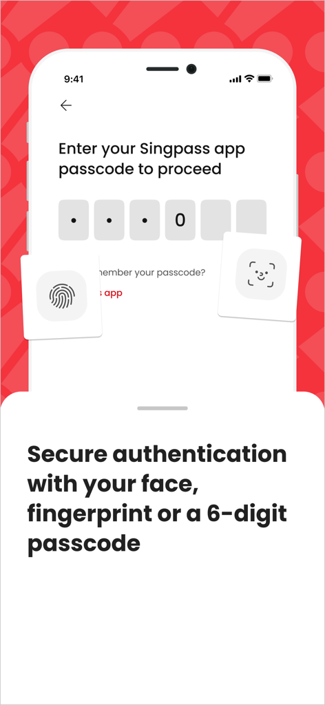 Singpass - Secure login screen in the Singpass app with options for face recognition fingerprint and 6-digit passcode