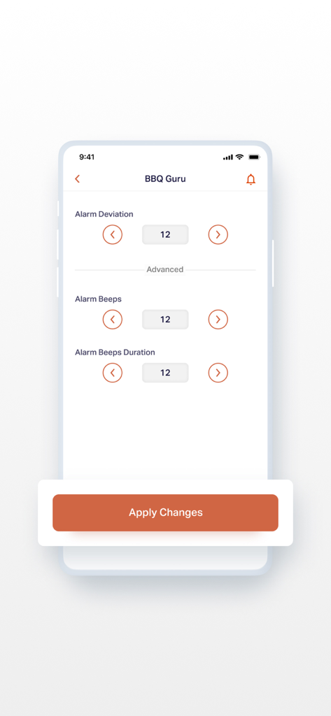 BBQ Guru - The advanced alarm settings interface of the BBQ Guru mobile app showing options for deviation and beeps.