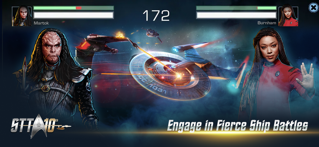 Star Trek Timelines - Una batalla estratégica de naves en Star Trek Timelines con Martok y Michael Burnham con el USS Discovery en el espacio