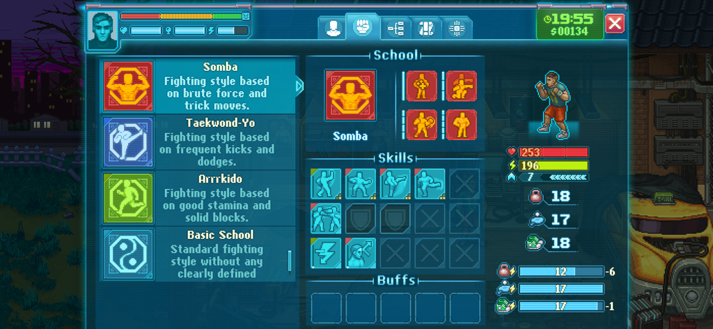 Character fighting styles and skills management interface in Punch Club 2 Fast Forward