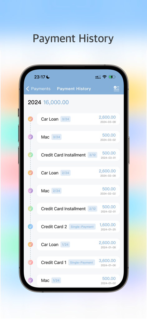 AssetMate: Asset & Installment - Tela móvel do AssetMate mostrando uma lista detalhada de pagamentos parcelados de empréstimos de carro e cartões de crédito