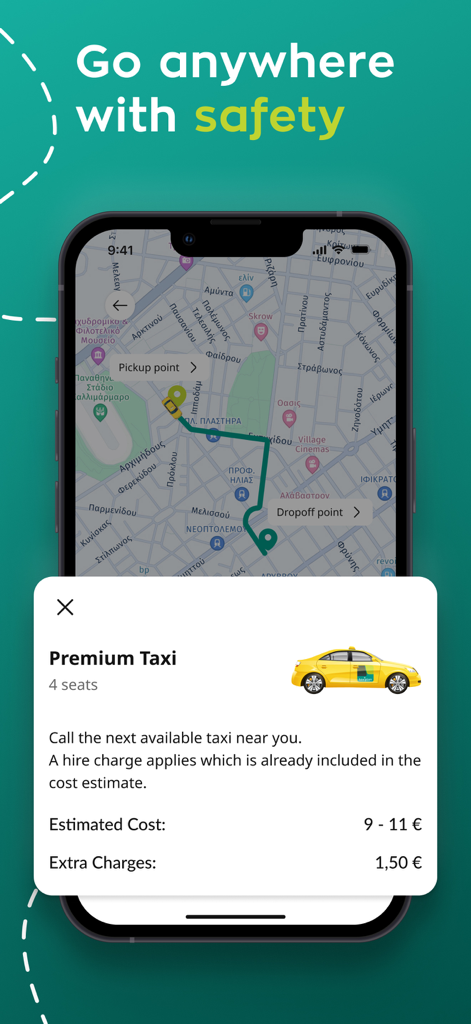 Taxiplon app interface showing a premium taxi booking with an estimated cost and route map