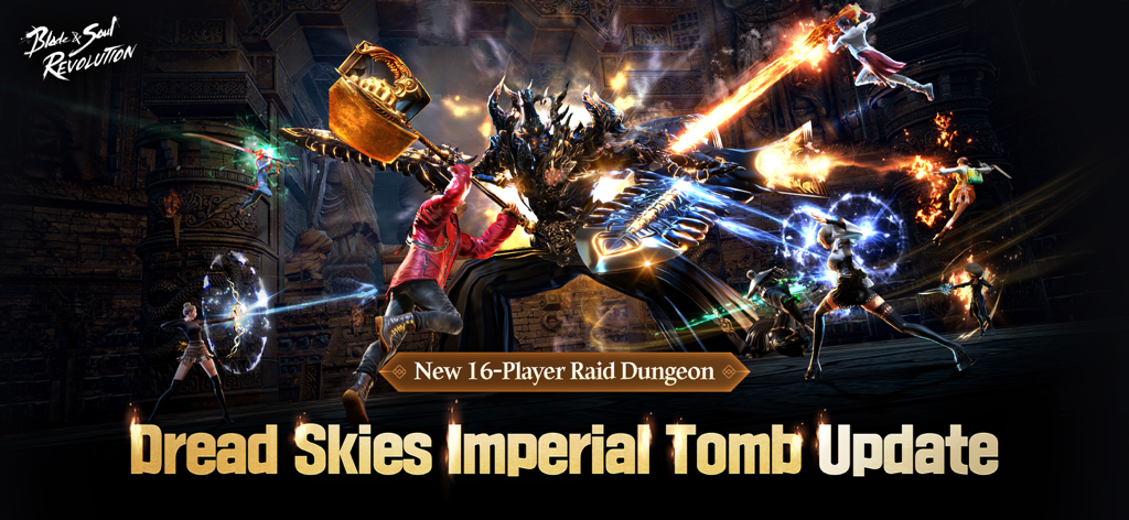 Blade&Soul Revolution - A group of players attacking a giant boss in the Blade and Soul Revolution 16-player raid dungeon update