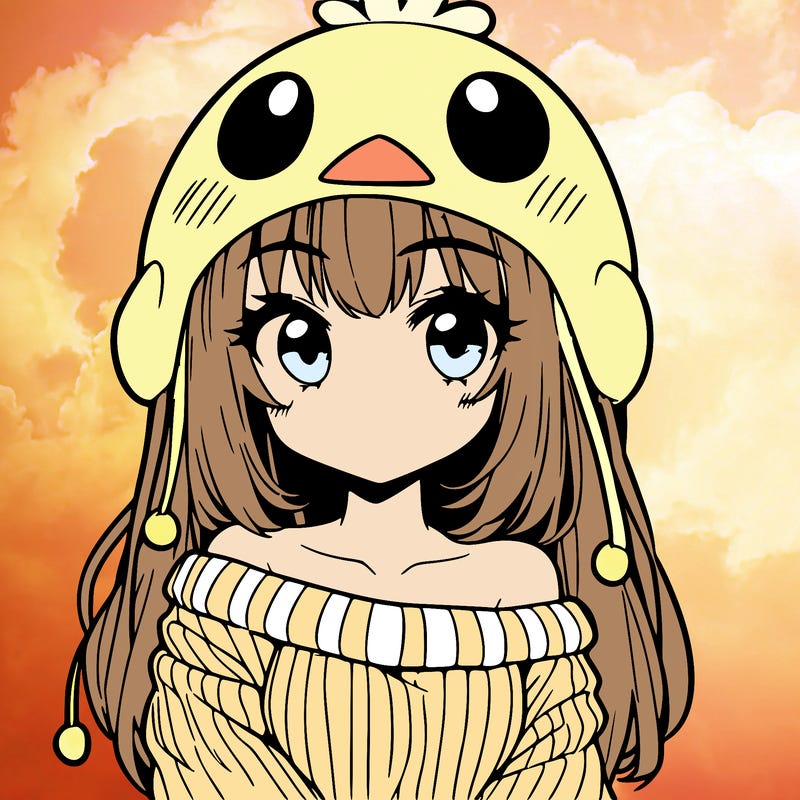 anime girl with chick shaped hat with sweater with bare shoulders with bangs covering them one eye with low tail