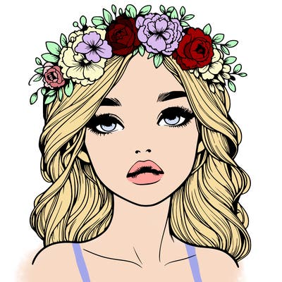 realistic girl with beautiful flower crown with pretty lips