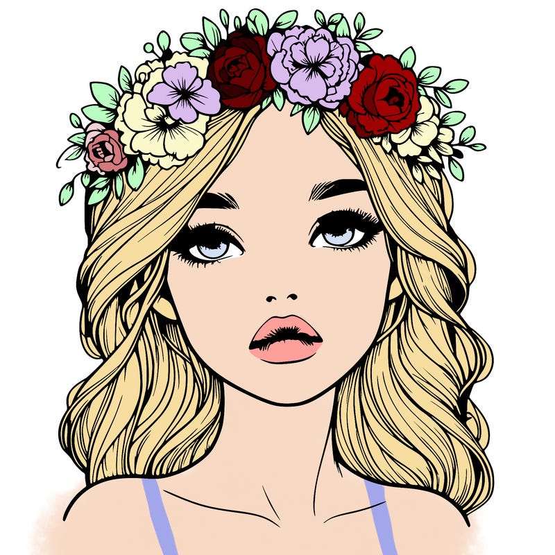 realistic girl with beautiful flower crown with pretty lips